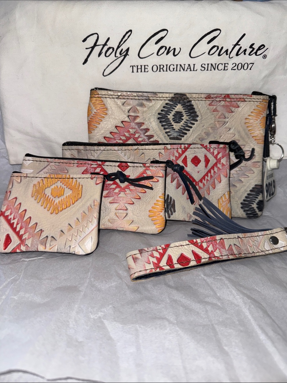 Holy Cow Couture Beige Aztec Wristlet - pouch Set with Key chains